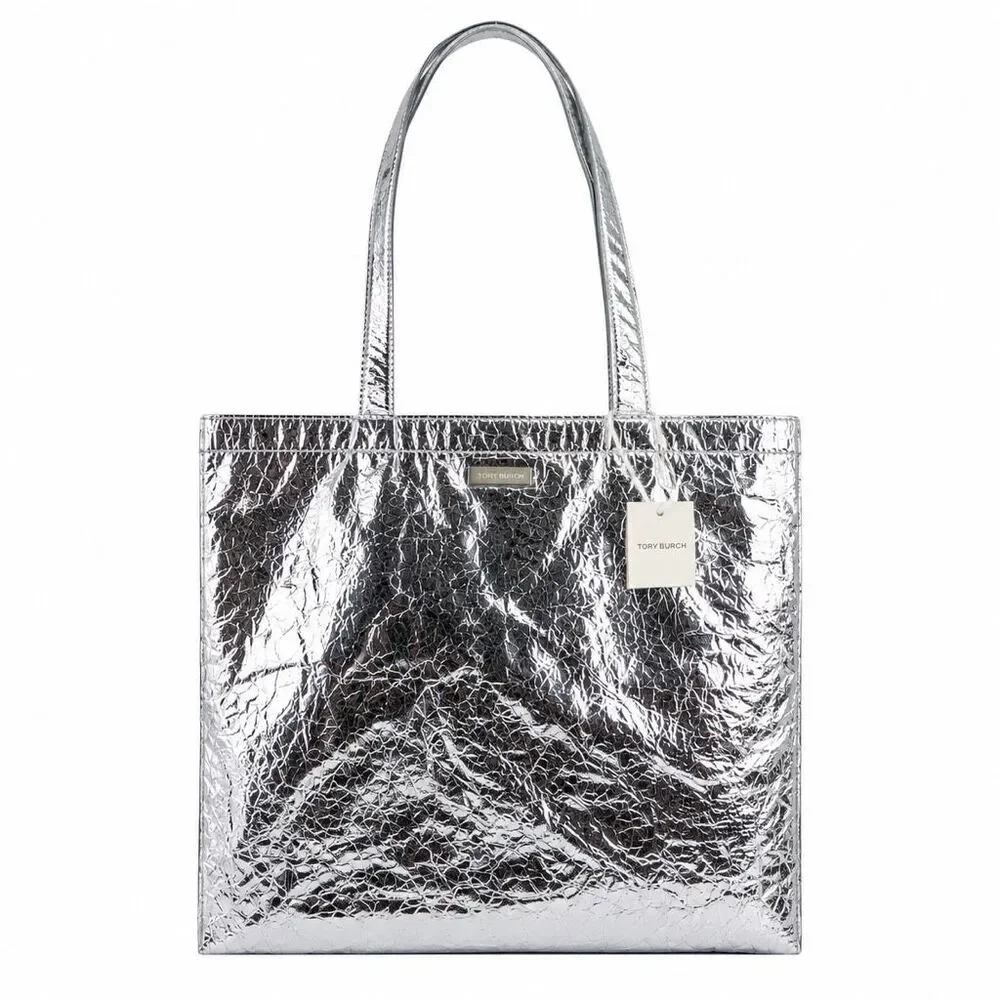 Tory Burch Metallic Silver Tote Bag NWT Crinkle Foil Statement Shopper 14x14